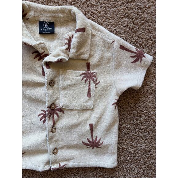 Volcom Beige Brown Tropical Palm Hawaiian Terry Cloth Button Up Shirt Boy 24M - Picture 4 of 12